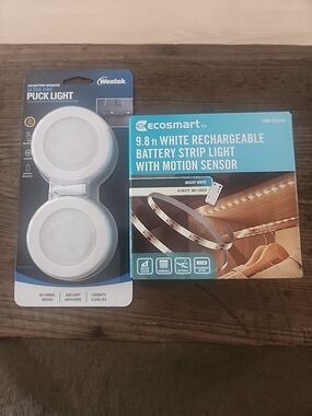 9.8 ft White Rechargeable Battery Strip Light with Motion Sensor&2puck Lights